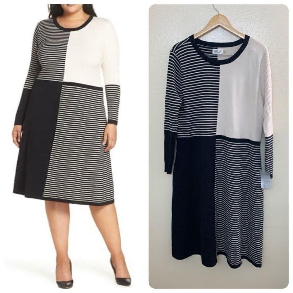 Eliza J Placed Stripe Midi Sweater Dress Plus Size 3X Ivory Black A Line